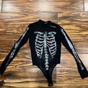 Glitter Halloween Skeleton Mesh Bodysuit, NWT